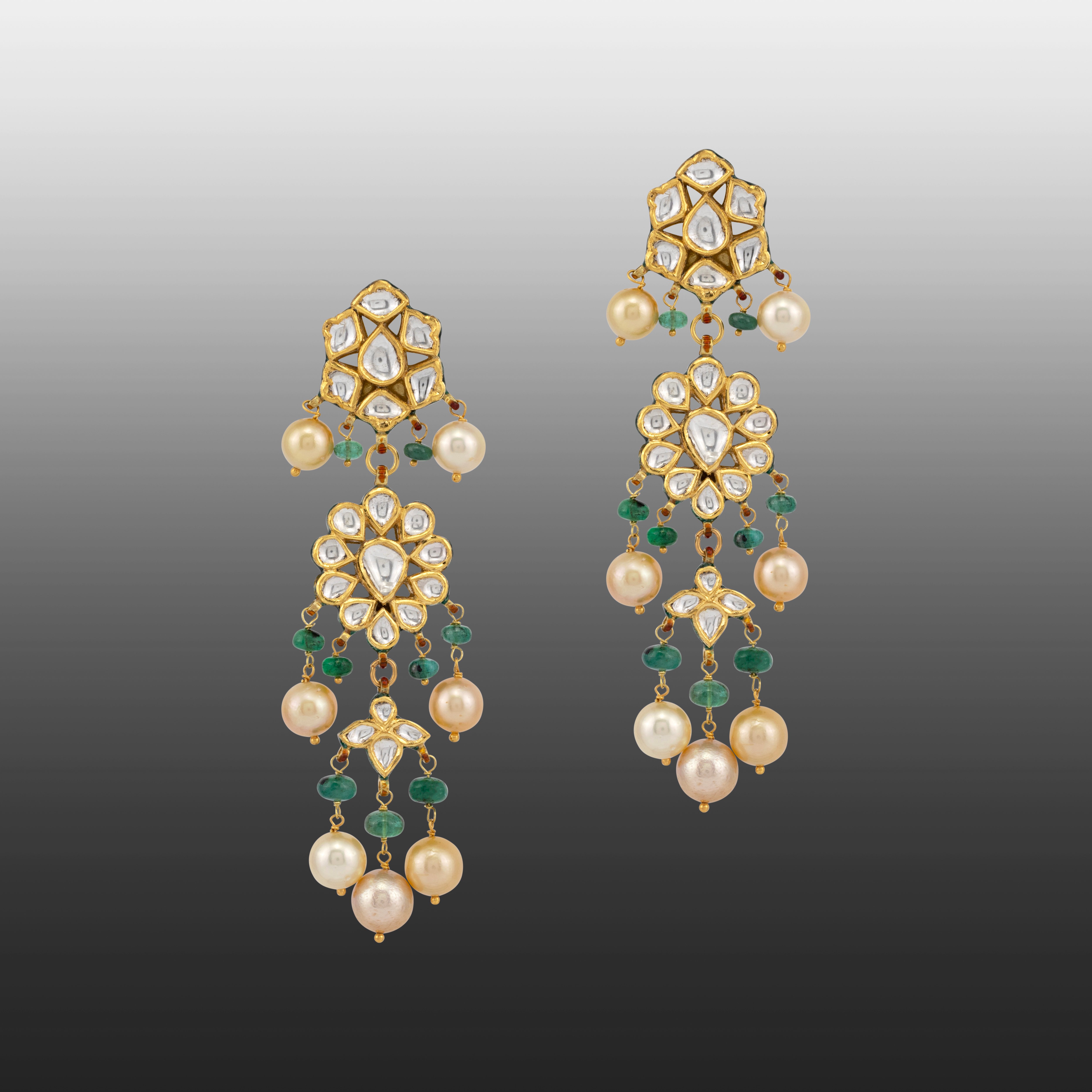 Polki Drop Earrings with Pearls and Emerald Beads